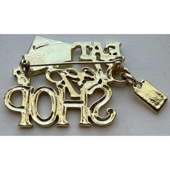 Signed AJC Vintage "Eat Sleep Shop" Matte and Bright Gold Tone Brooch, P… - Picture 2 of 2